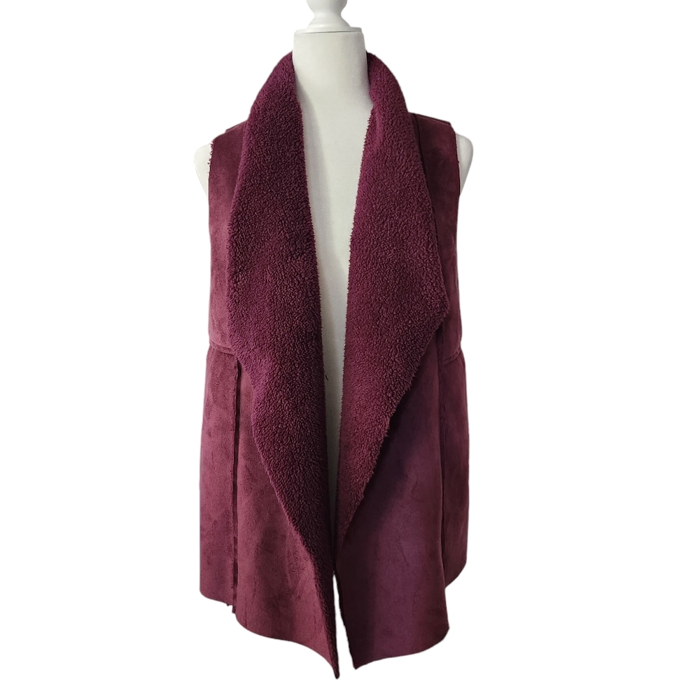 Susina Soft Shearling Sherpa Suede Vest Burgundy Red Open Front Women's Size S